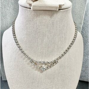 Vintage Sliver Tone Round Clear Rhinestone Necklace